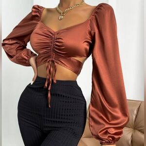 Hello Molly Bronze Satin Long Sleeve Crop Top Ruched Tie Back Size L